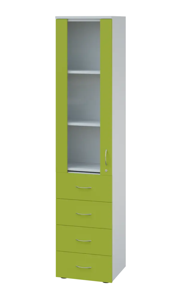 LE - 44 skříň léková prosklená, levá, korpus bílý, dvířka jarní zeleň